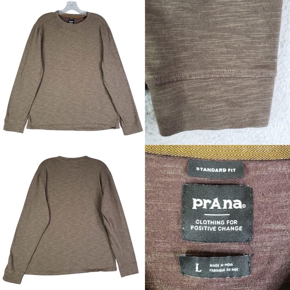 Prana Shirt Ronnie Crew Long Sleeve Standard Fit Tee Brown Mens Large L
